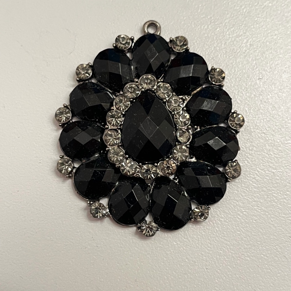 Black and Clear Crystal Floral Pendant Necklace Accent